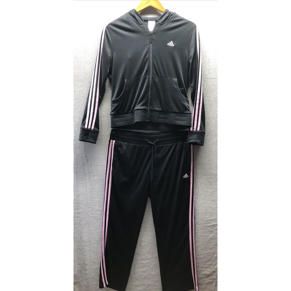 Adidas Women’s Track Suit Jacket M Pants L Black Pink Stripes Athletic Y2K